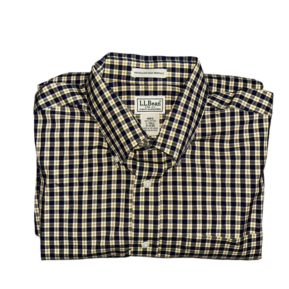 L.L. Bean Yellow/Navy/Burgundy Plaid Cotton Wrinkle Resistant Shirt LT Vintage